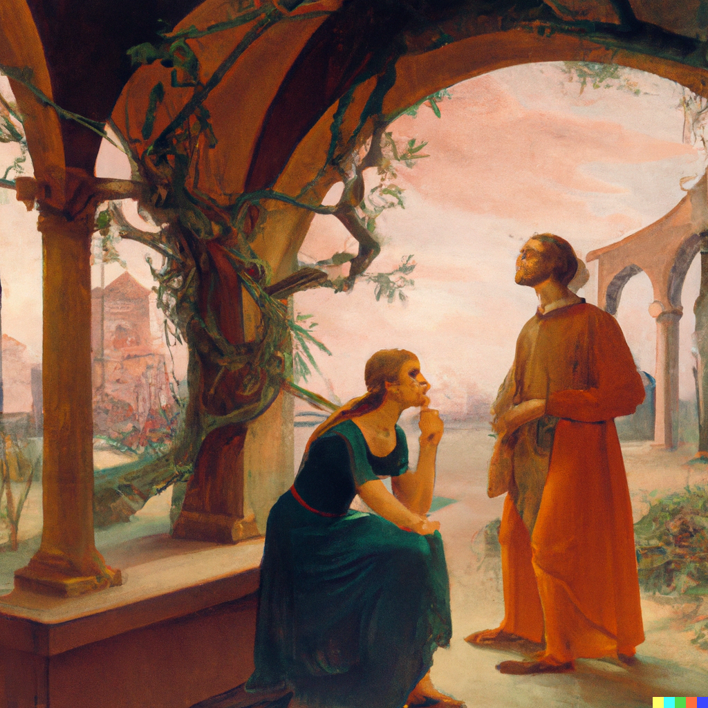 DALL·E 2022-07-09 19.58.50 - Sophie having philosophical discussions with Robert out in the agora, Bosch painting.png