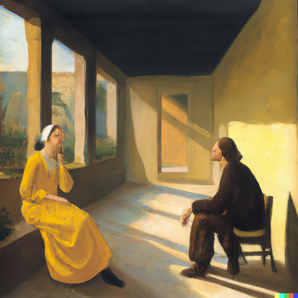 DALL·E 2022-07-09 20.00.04 - Sophie having philosophical discussions with Robert out in the agora, Vermeer painting.png