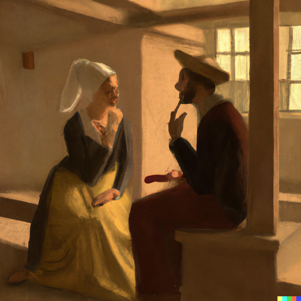 DALL·E 2022-07-09 20.00.06 - Sophie having philosophical discussions with Robert out in the agora, Vermeer painting.png