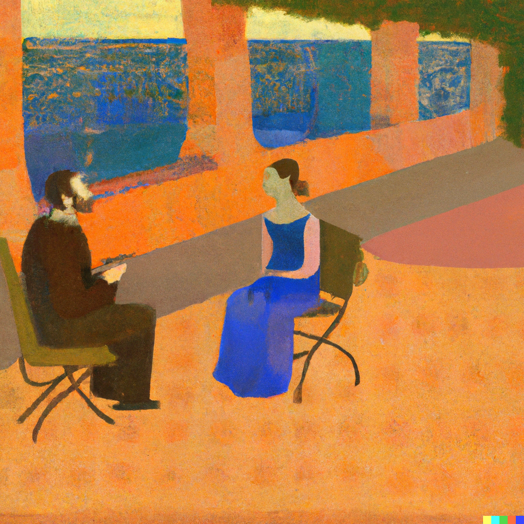 DALL·E 2022-07-09 20.02.01 - Sophie having philosophical discussions with Robert out in the agora, Seurat painting.png