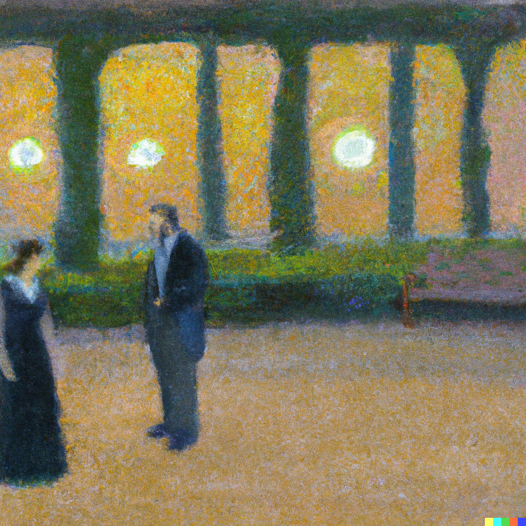 DALL·E 2022-07-09 20.02.04 - Sophie having philosophical discussions with Robert out in the agora, Seurat painting.png