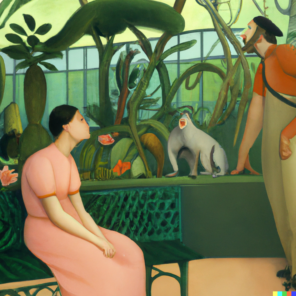 DALL·E 2022-07-09 22.42.21 - Sophie having philosophical discussions with Robert out in the agora, Henri Rousseau painting.png
