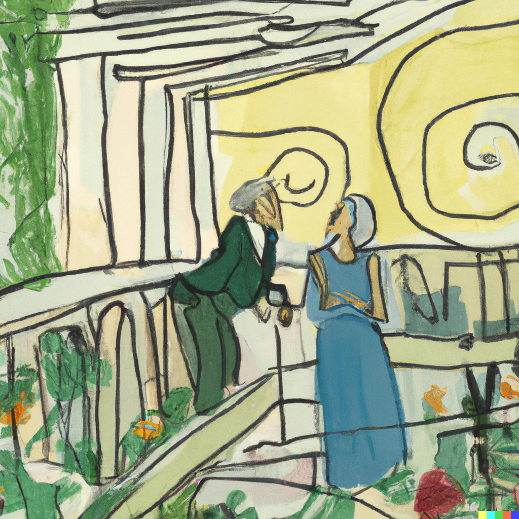 DALL·E 2022-07-09 22.56.09 - Sophie having philosophical discussions with Robert out in the agora, Raoul Dufy painting.png