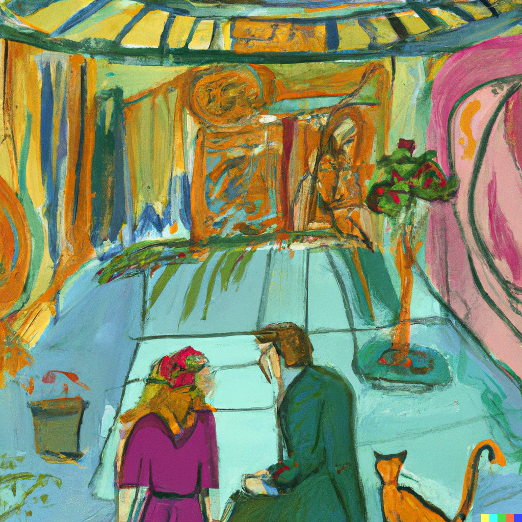 DALL·E 2022-07-09 22.56.16 - Sophie having philosophical discussions with Robert out in the agora, Raoul Dufy painting.png