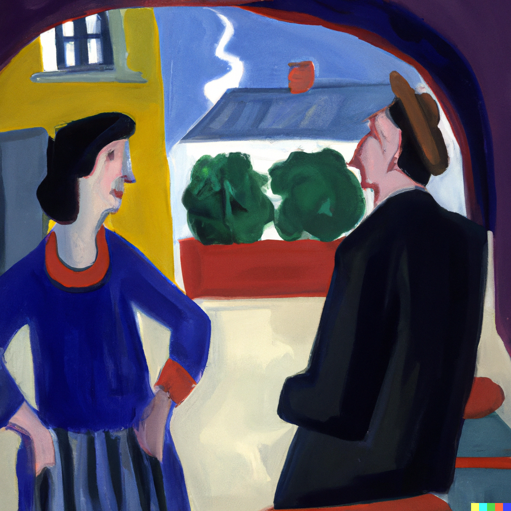 DALL·E 2022-07-09 22.59.26 - Sophie having philosophical discussions with Robert out in the agora, Andre Derain painting.png
