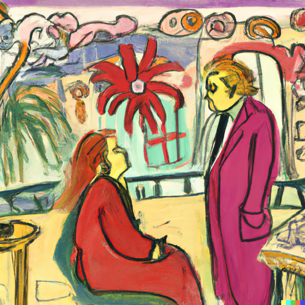 DALL·E 2022-07-09 22.56.19 - Sophie having philosophical discussions with Robert out in the agora, Raoul Dufy painting.png