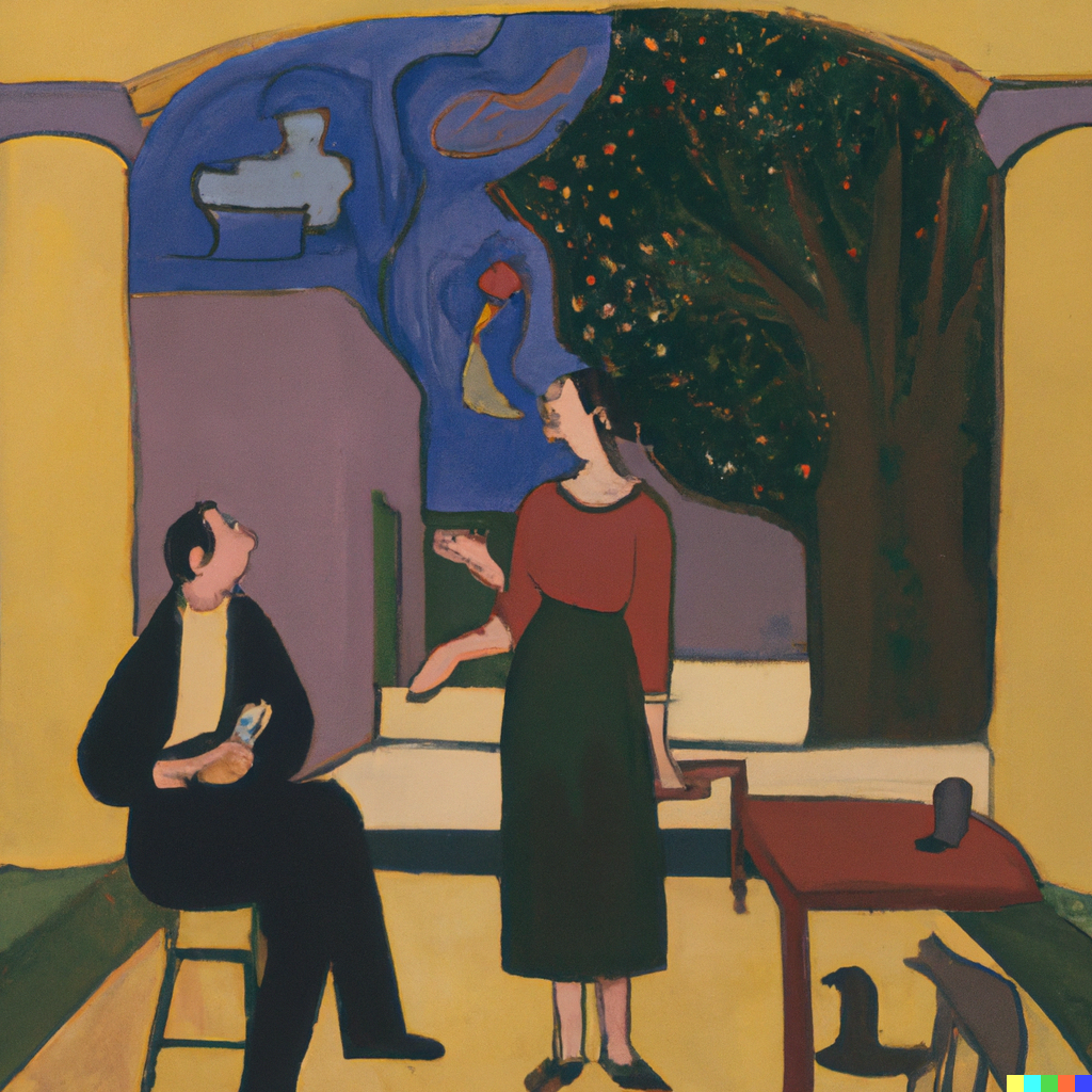 DALL·E 2022-07-09 22.59.29 - Sophie having philosophical discussions with Robert out in the agora, Andre Derain painting.png