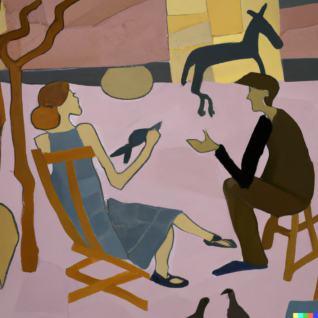 DALL·E 2022-07-09 23.07.01 - Sophie having philosophical discussions with Robert out in the agora, Georges Braque painting.png