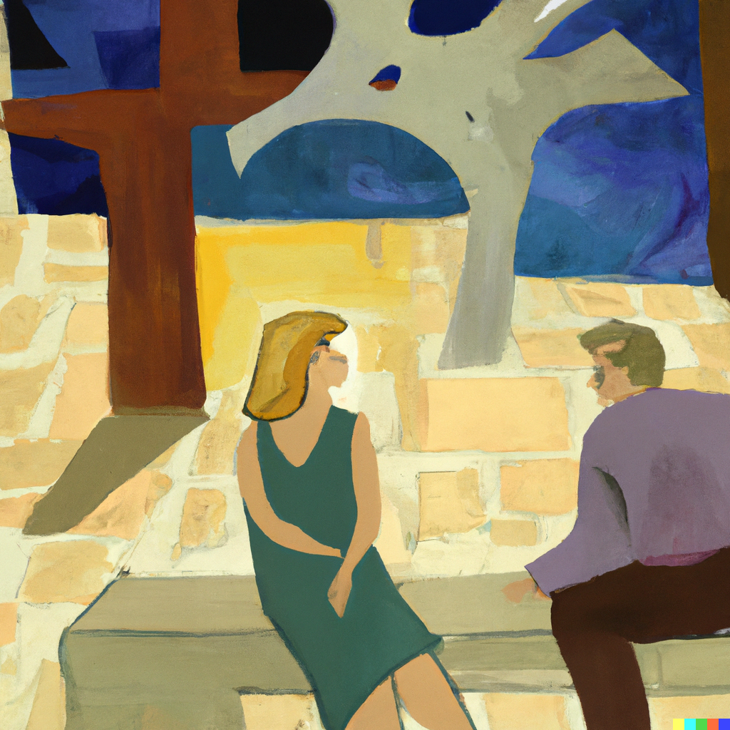 DALL·E 2022-07-09 23.07.04 - Sophie having philosophical discussions with Robert out in the agora, Georges Braque painting.png