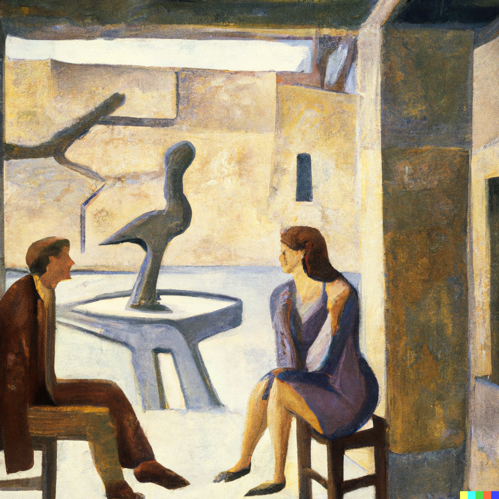 DALL·E 2022-07-09 23.07.10 - Sophie having philosophical discussions with Robert out in the agora, Georges Braque painting.png