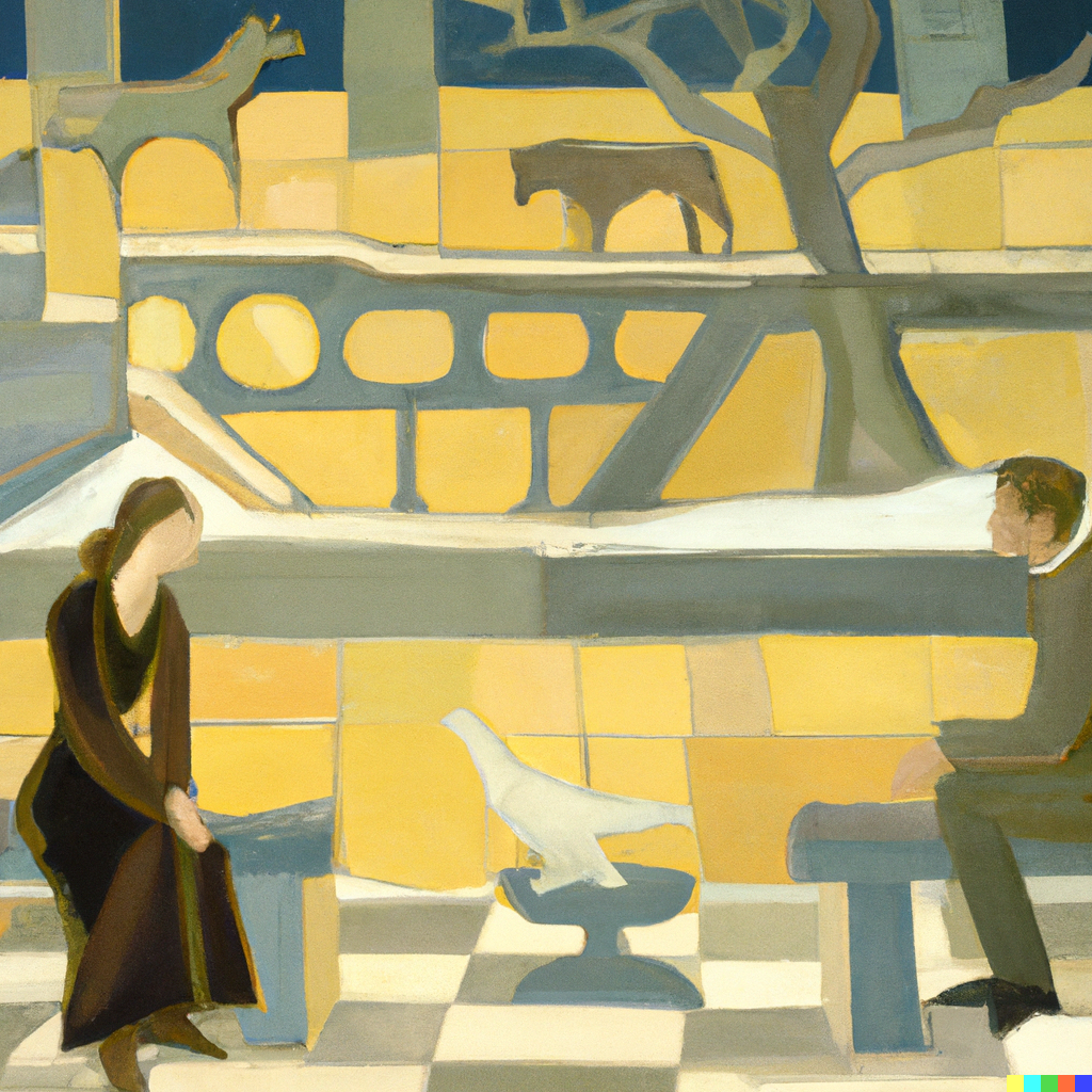 DALL·E 2022-07-09 23.07.12 - Sophie having philosophical discussions with Robert out in the agora, Georges Braque painting.png