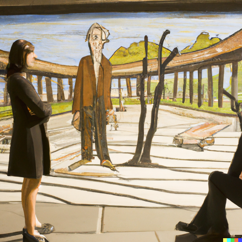 DALL·E 2022-07-09 23.08.25 - Sophie having philosophical discussions with Robert out in the agora, Bernard Buffet painting.png