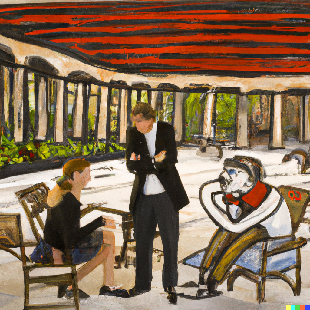 DALL·E 2022-07-09 23.08.30 - Sophie having philosophical discussions with Robert out in the agora, Bernard Buffet painting.png