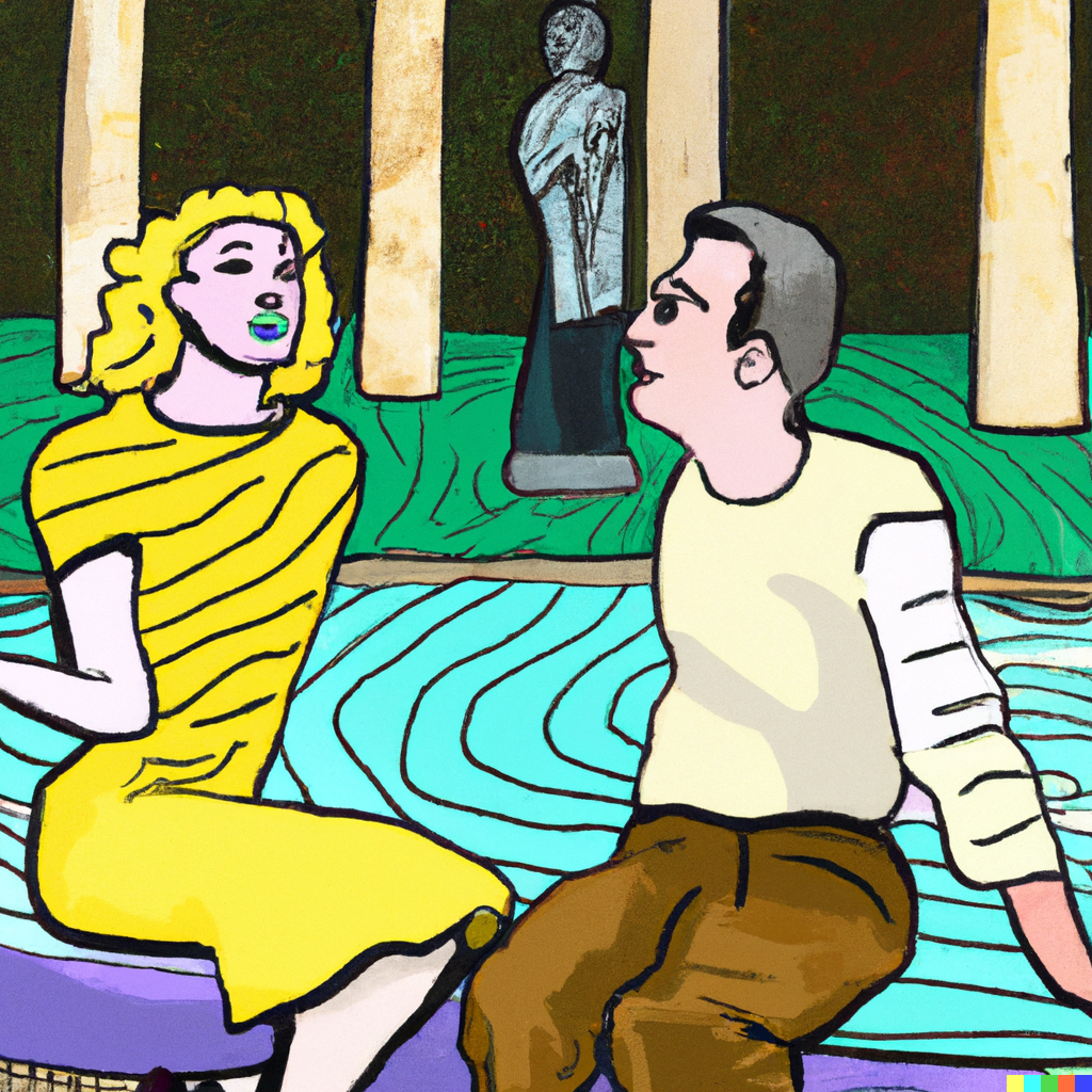 DALL·E 2022-07-09 23.15.04 - Sophie having philosophical discussions with Robert out in the agora, Roy Lichtenstein painting.png