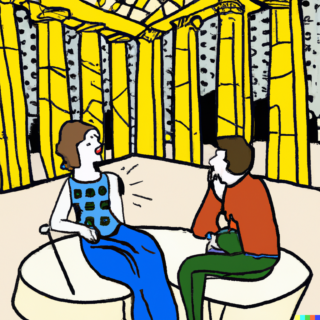 DALL·E 2022-07-09 23.15.14 - Sophie having philosophical discussions with Robert out in the agora, Roy Lichtenstein painting.png