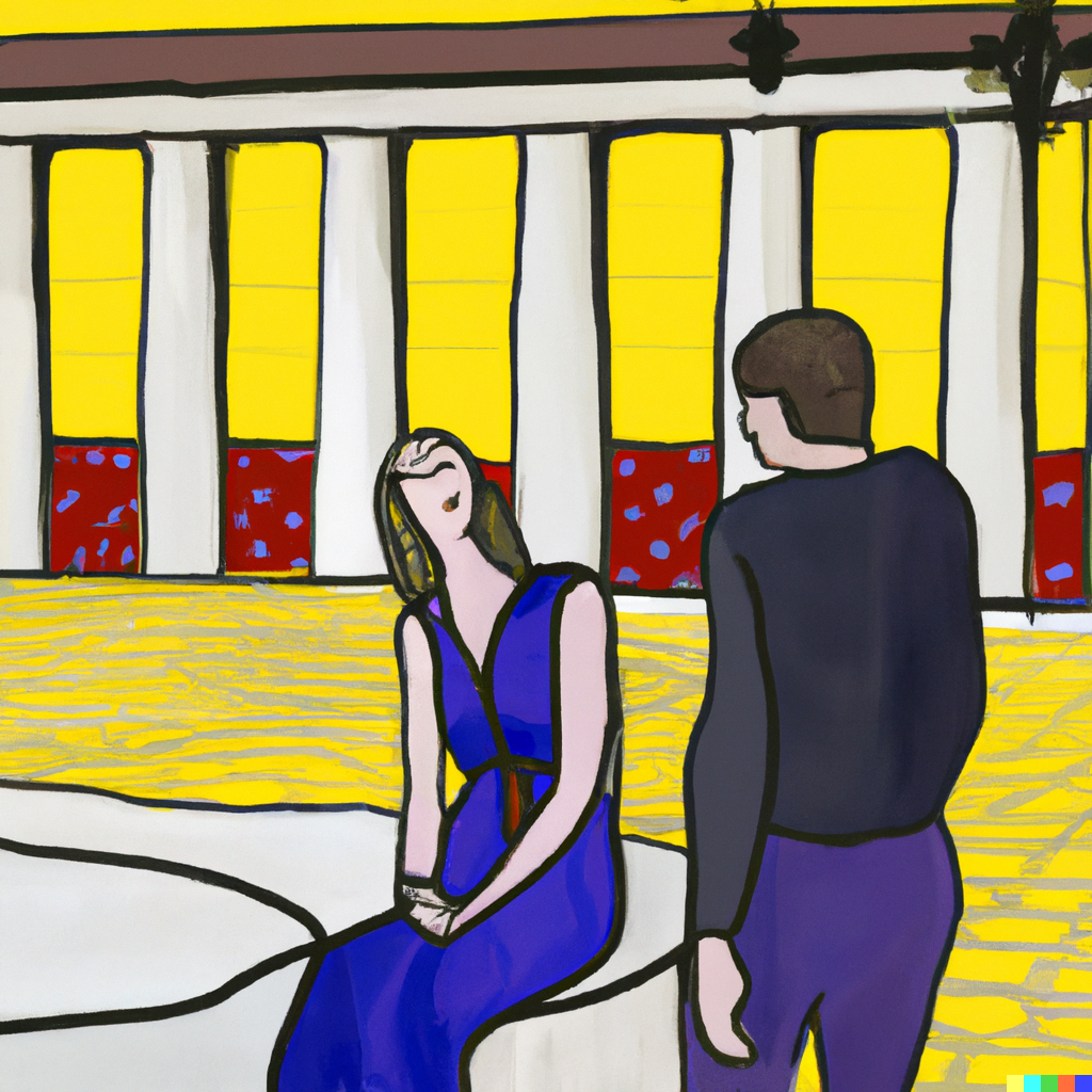 DALL·E 2022-07-09 23.15.18 - Sophie having philosophical discussions with Robert out in the agora, Roy Lichtenstein painting.png