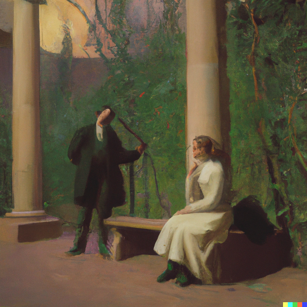 DALL·E 2022-07-09 23.23.48 - Sophie having philosophical discussions with Robert out in the agora, E. Melvin Bolstad painting.png