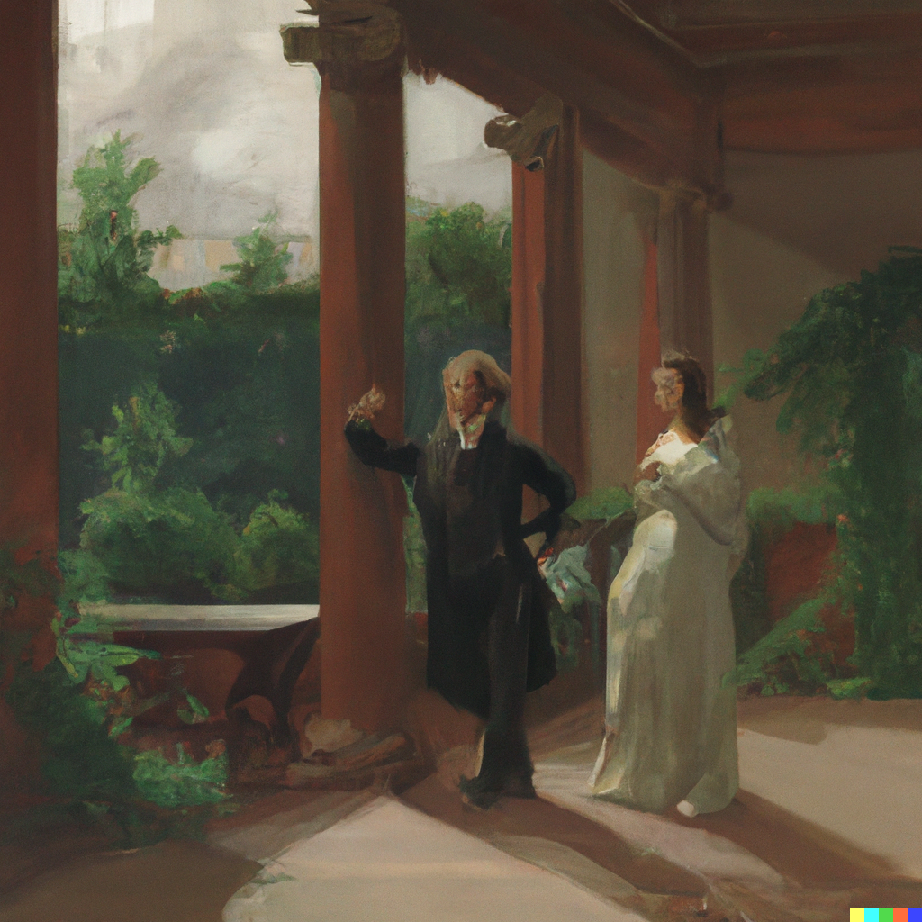 DALL·E 2022-07-09 23.23.50 - Sophie having philosophical discussions with Robert out in the agora, E. Melvin Bolstad painting.png