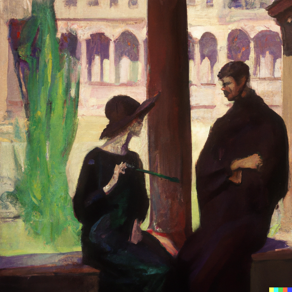 DALL·E 2022-07-09 23.25.44 - Sophie having philosophical discussions with Robert out in the agora, Andre Panet painting.png