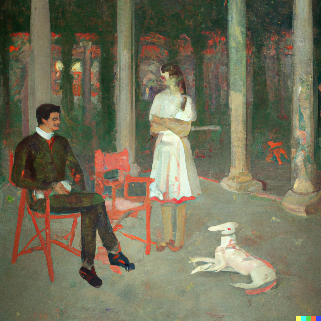 DALL·E 2022-07-09 23.25.47 - Sophie having philosophical discussions with Robert out in the agora, Andre Panet painting.png