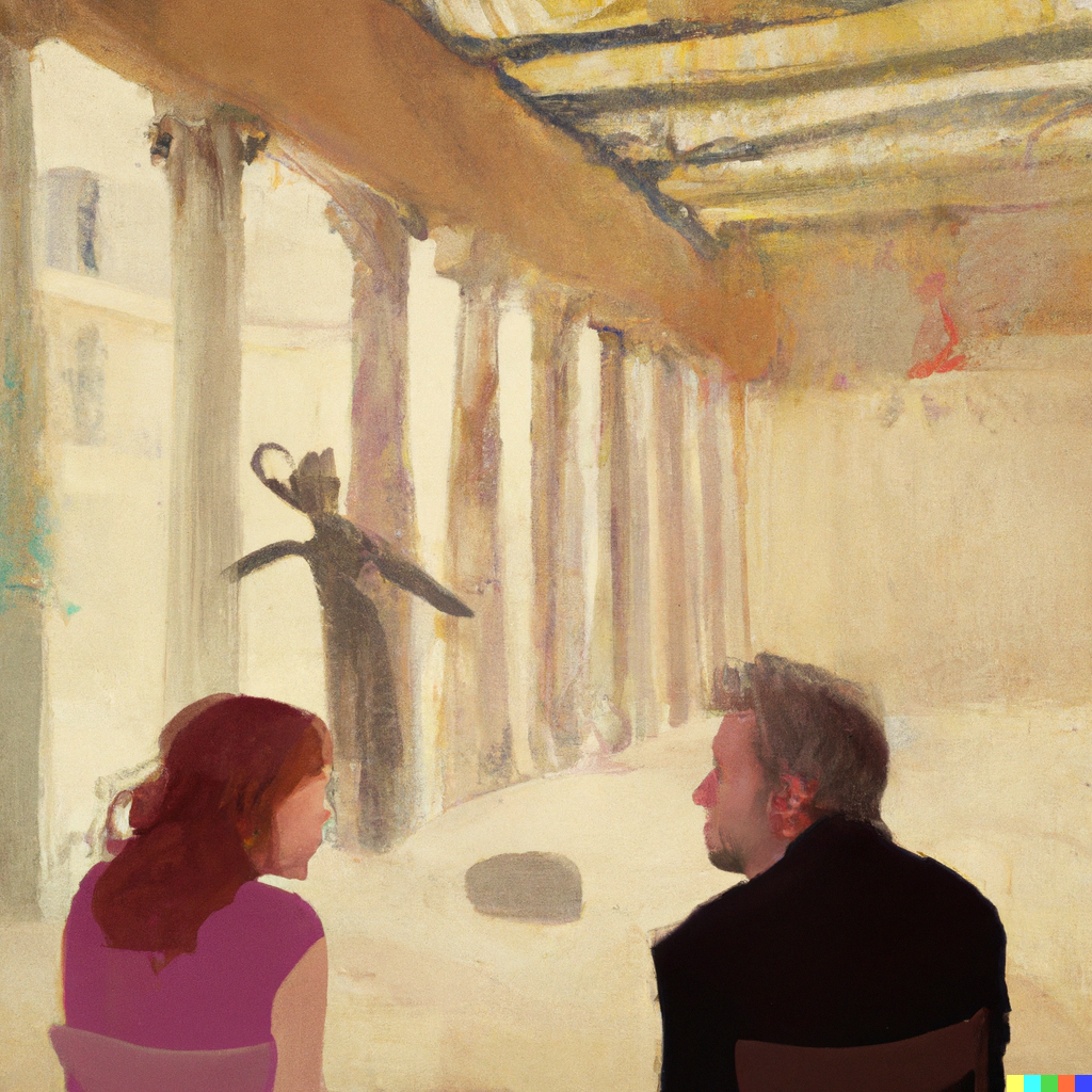 DALL·E 2022-07-09 23.26.50 - Sophie having philosophical discussions with Robert out in the agora, Cy Twombly painting.png