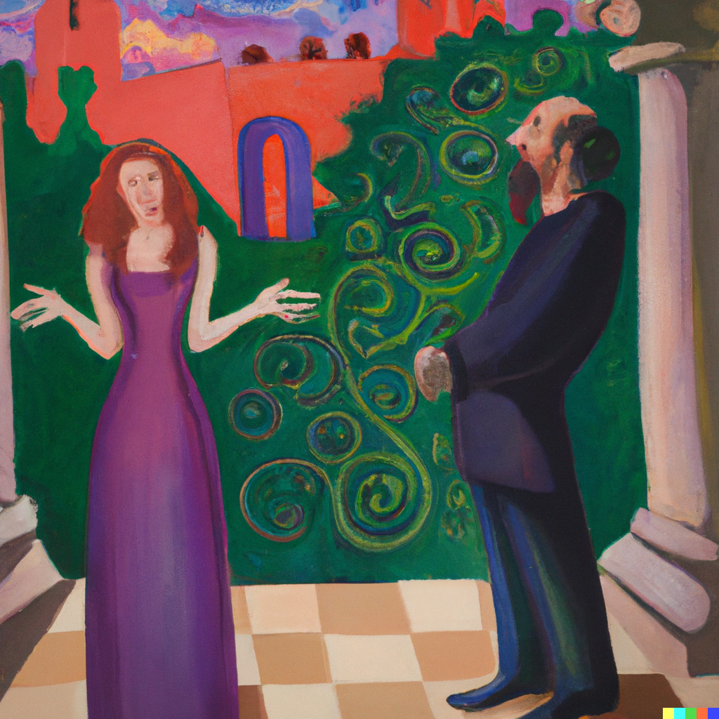 DALL·E 2022-07-09 23.27.38 - Sophie having philosophical discussions with Robert out in the agora, contemporary painting.png