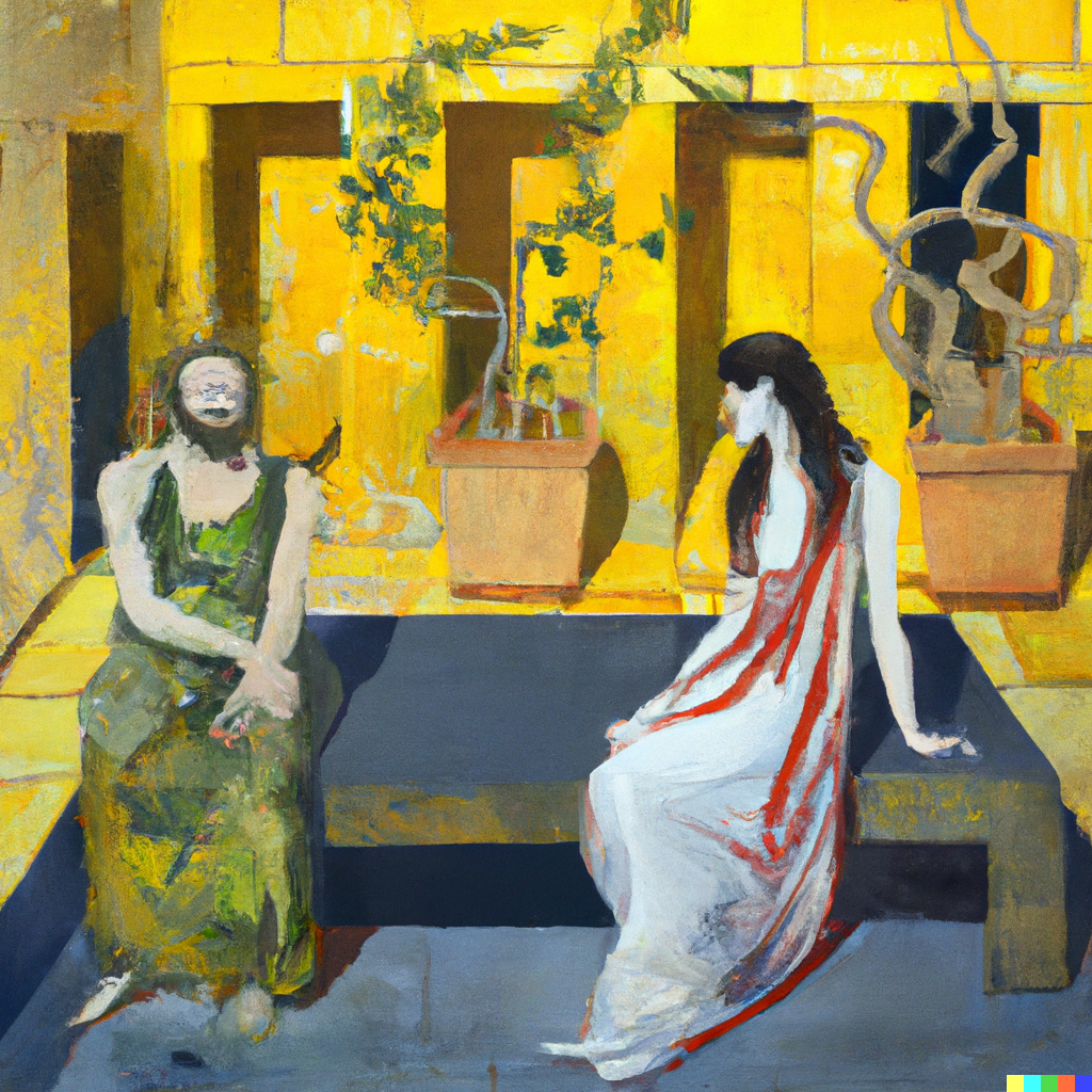 DALL·E 2022-07-09 23.27.41 - Sophie having philosophical discussions with Robert out in the agora, contemporary painting.png