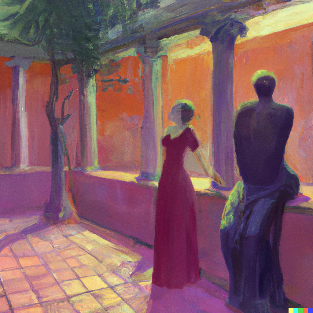 DALL·E 2022-07-09 23.27.43 - Sophie having philosophical discussions with Robert out in the agora, contemporary painting.png