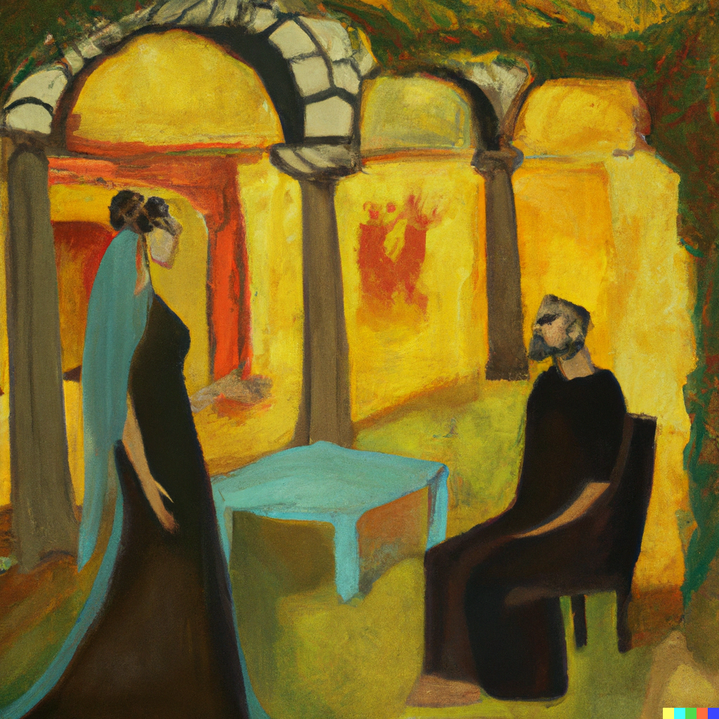 DALL·E 2022-07-09 23.27.45 - Sophie having philosophical discussions with Robert out in the agora, contemporary painting.png