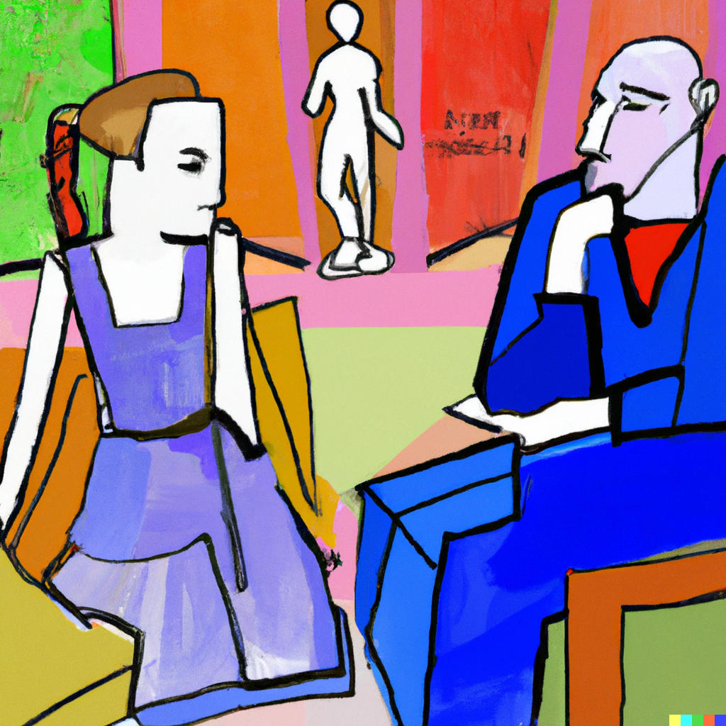 DALL·E 2022-07-10 01.07.29 - Sophie the andriod having philosophical conversations with Robert the philosopher in the Agora, Matisse painting.png