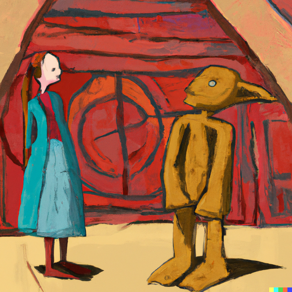 DALL·E 2022-07-10 01.18.05 - Sophie the andriod having philosophical conversations with Robert the philosopher in the Agora, Paul Klee painting.png