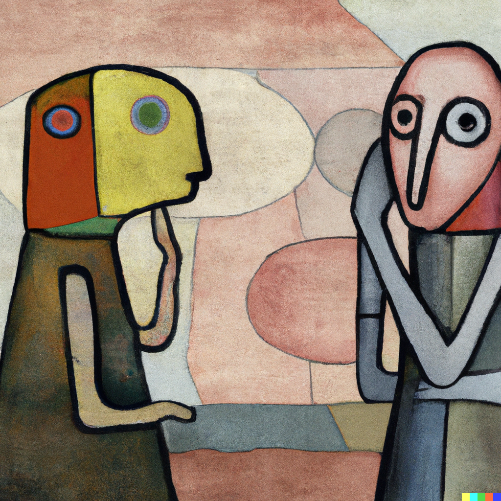 DALL·E 2022-07-10 01.18.07 - Sophie the andriod having philosophical conversations with Robert the philosopher in the Agora, Paul Klee painting.png
