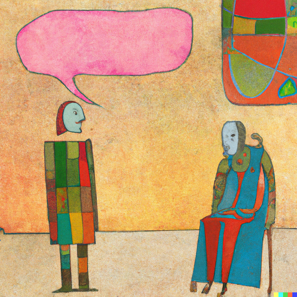 DALL·E 2022-07-10 01.18.10 - Sophie the andriod having philosophical conversations with Robert the philosopher in the Agora, Paul Klee painting.png