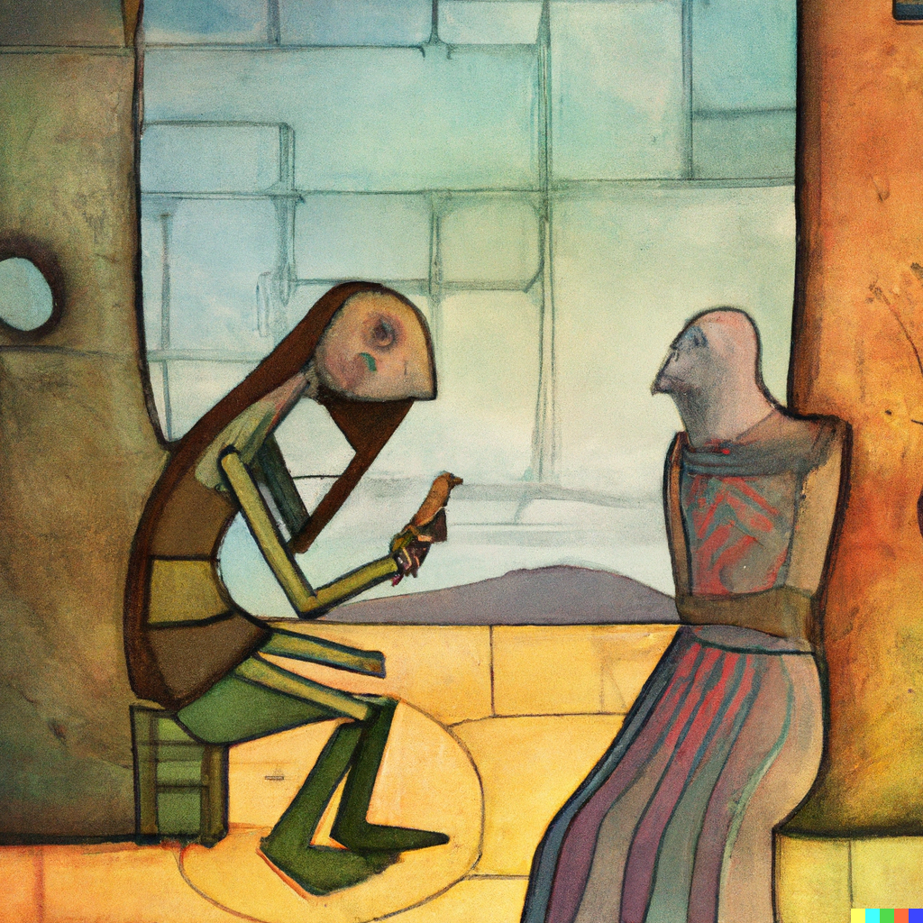 DALL·E 2022-07-10 01.18.13 - Sophie the andriod having philosophical conversations with Robert the philosopher in the Agora, Paul Klee painting.png