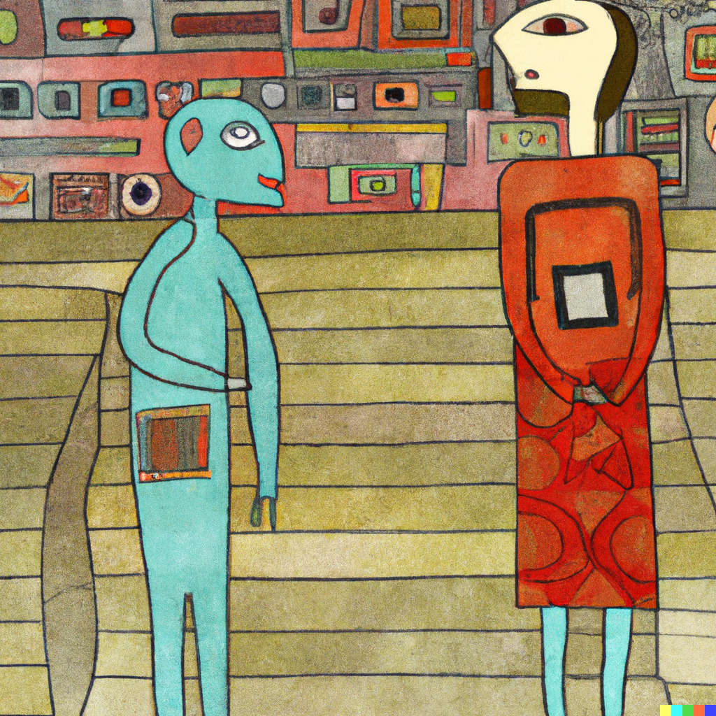 DALL·E 2022-07-10 01.18.17 - Sophie the andriod having philosophical conversations with Robert the philosopher in the Agora, Paul Klee painting.png