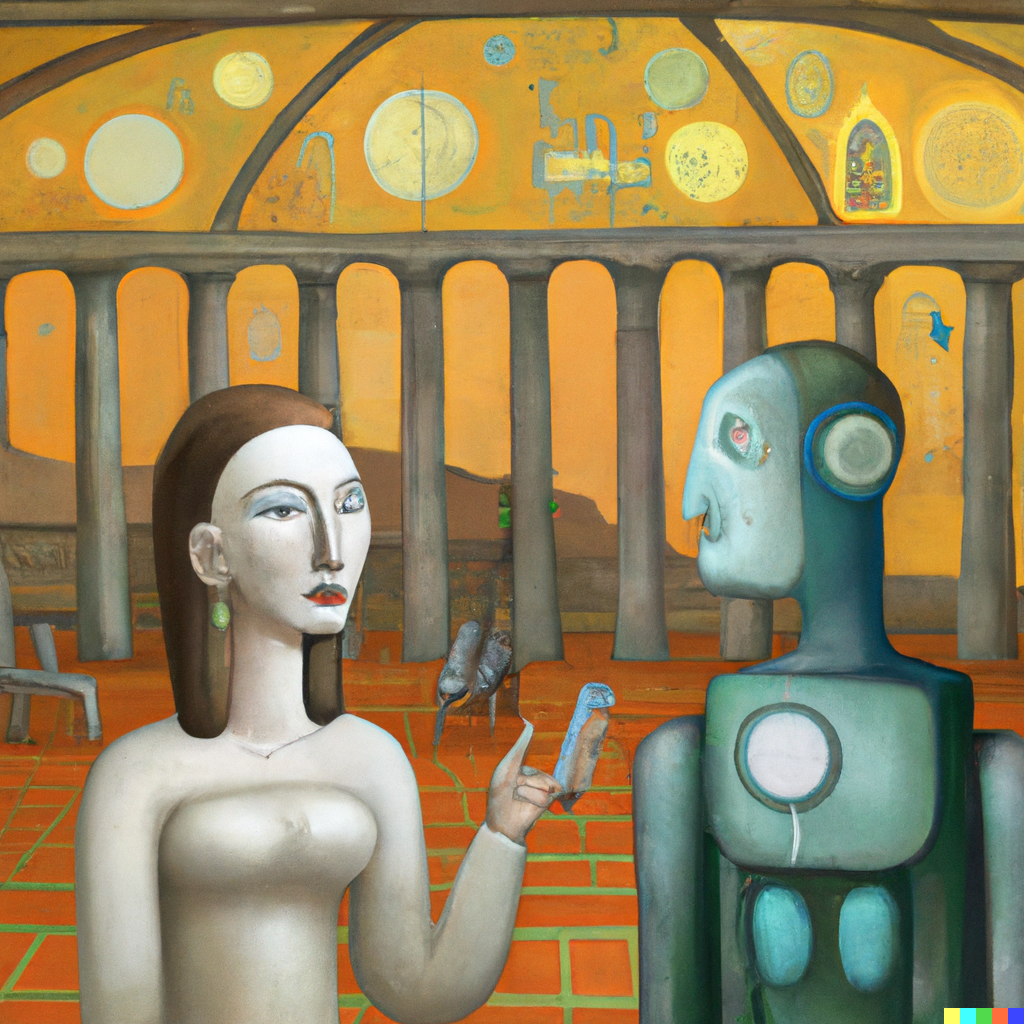 DALL·E 2022-07-10 01.21.12 - _Sophie the andriod_ having philosophical conversations with _Robert the philosopher_ in the Agora, modernist painting.png
