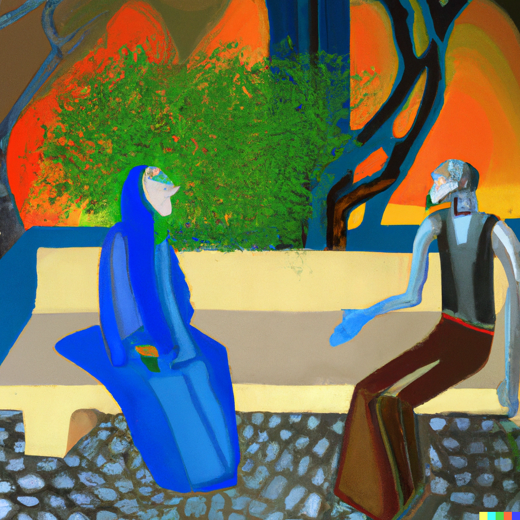DALL·E 2022-07-10 01.21.18 - _Sophie the andriod_ having philosophical conversations with _Robert the philosopher_ in the Agora, modernist painting.png