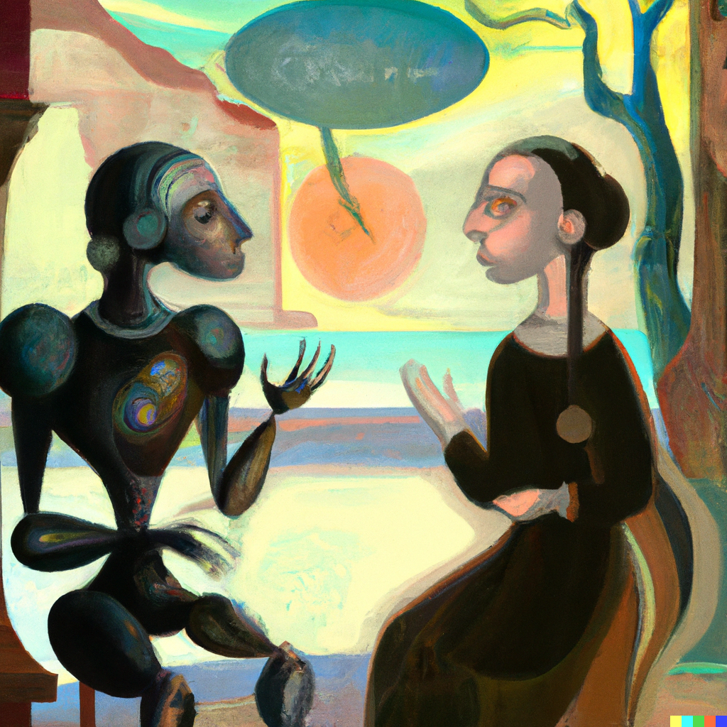 DALL·E 2022-07-10 01.21.22 - _Sophie the andriod_ having philosophical conversations with _Robert the philosopher_ in the Agora, modernist painting.png