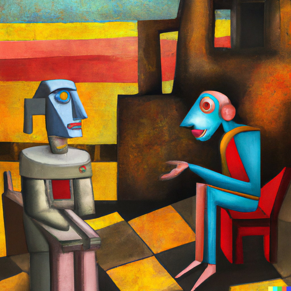 DALL·E 2022-07-10 01.22.08 - _Sophie the andriod_ having philosophical conversations with _Robert the philosopher_ in the Agora, cubist painting.png