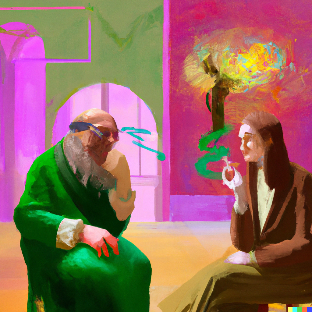 DALL·E 2022-07-10 01.23.18 - Sophie Kermit having philosophical conversations with Robert the philosopher in the Agora, postinternet digital painting.png