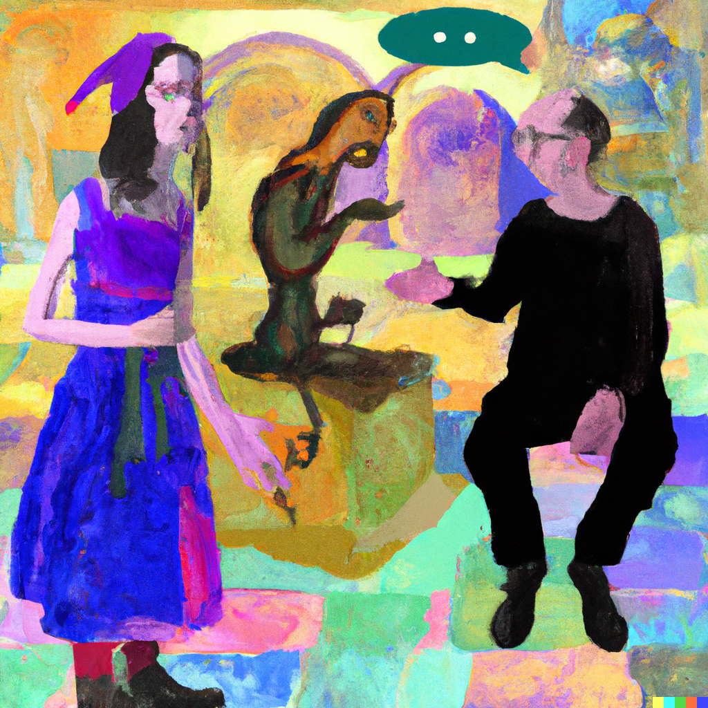 DALL·E 2022-07-10 01.24.44 - Sophie Kermit having philosophical conversations with Robert the philosopher in the Agora, postinternet painting.png
