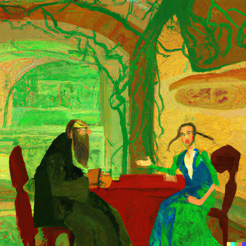 DALL·E 2022-07-10 01.24.51 - Sophie Kermit having philosophical conversations with Robert the philosopher in the Agora, postinternet painting.png