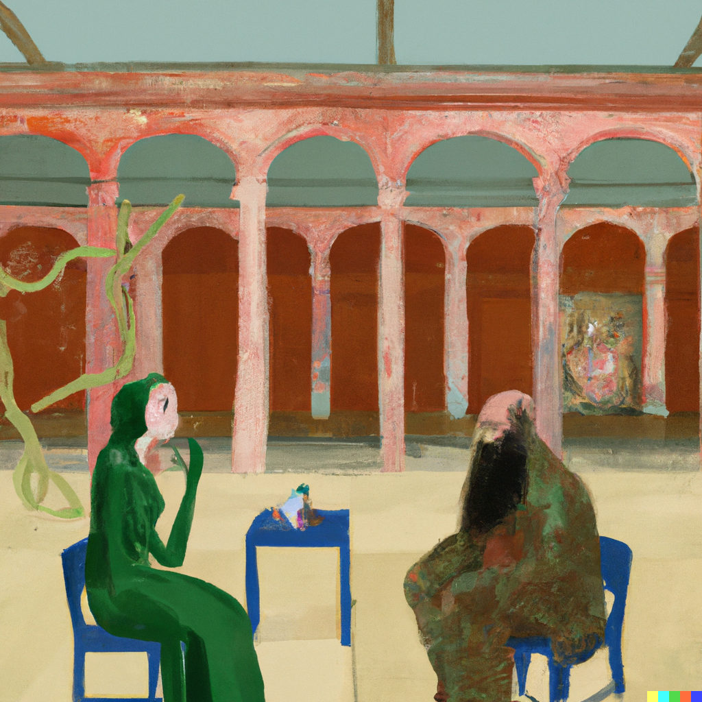 DALL·E 2022-07-10 01.24.54 - Sophie Kermit having philosophical conversations with Robert the philosopher in the Agora, postinternet painting.png