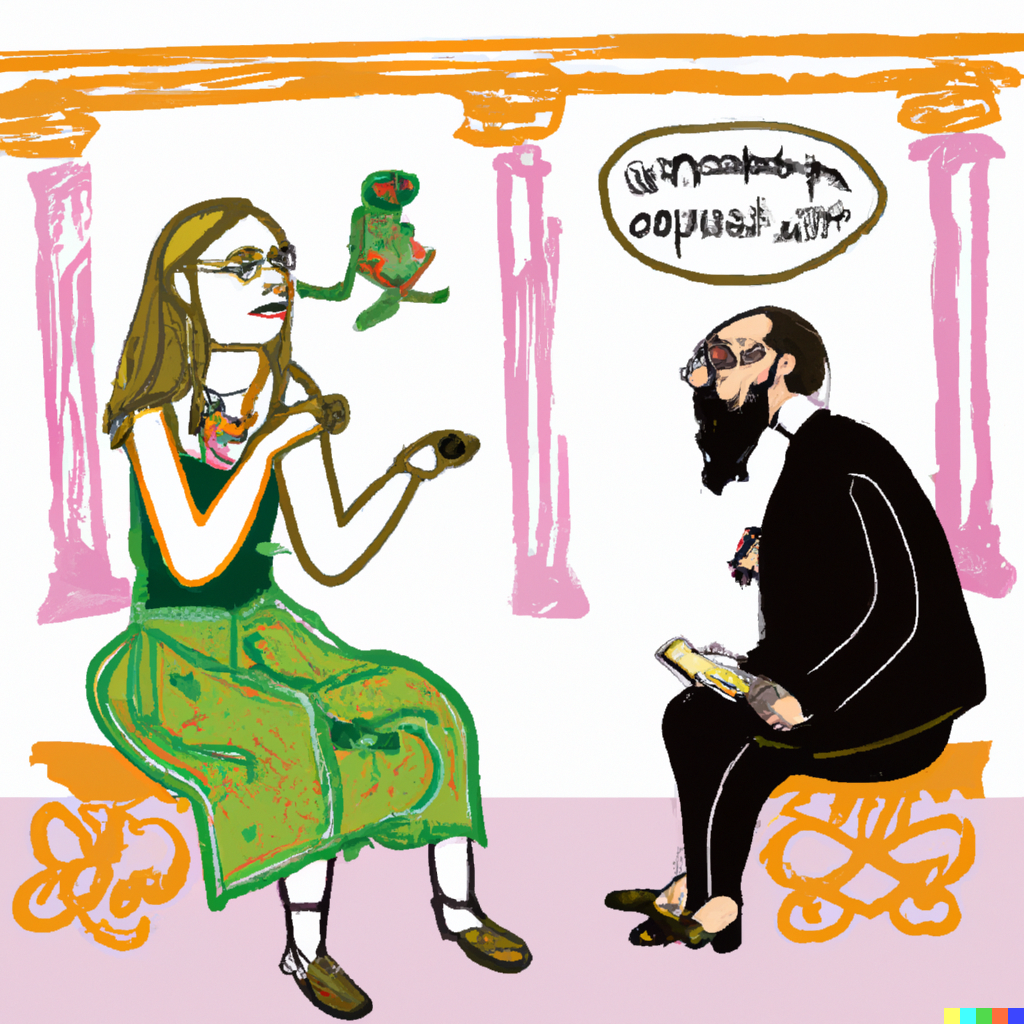 DALL·E 2022-07-10 01.25.51 - Sophie Kermit having philosophical conversations with Robert the philosopher in the Agora, graphic sticker design.png