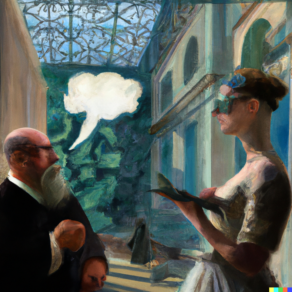 DALL·E 2022-07-10 01.29.37 - Sophie the AI philosopher having philosophical conversations with Robert wearing glasses in the Agora, contemporary painting, high detail.png