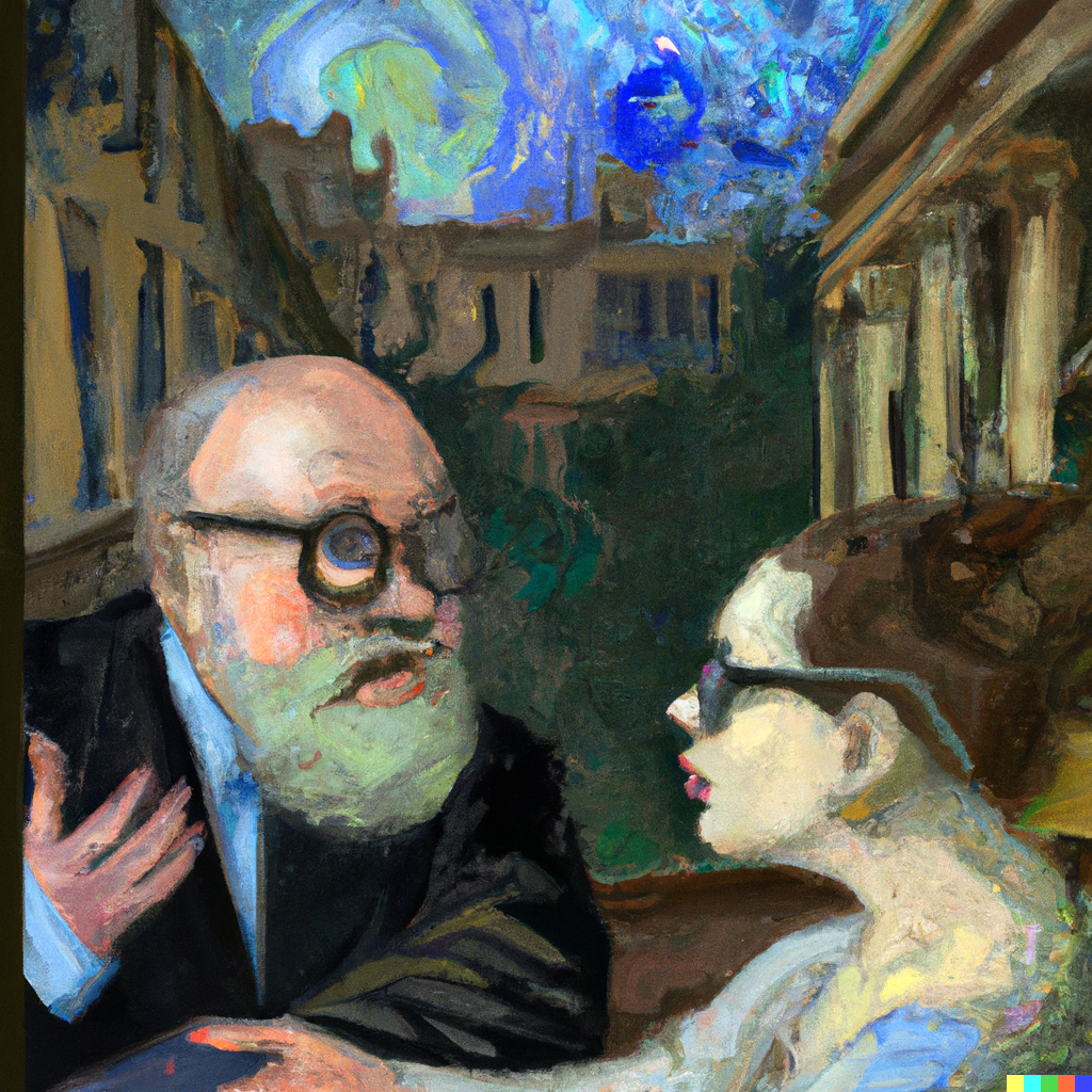 DALL·E 2022-07-10 01.29.42 - Sophie the AI philosopher having philosophical conversations with Robert wearing glasses in the Agora, contemporary painting, high detail.png