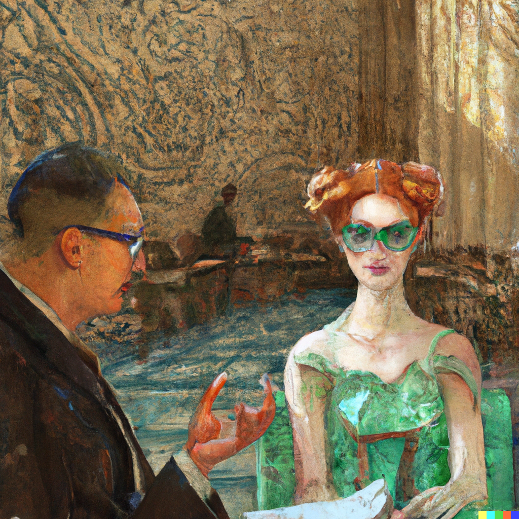 DALL·E 2022-07-10 01.29.45 - Sophie the AI philosopher having philosophical conversations with Robert wearing glasses in the Agora, contemporary painting, high detail.png