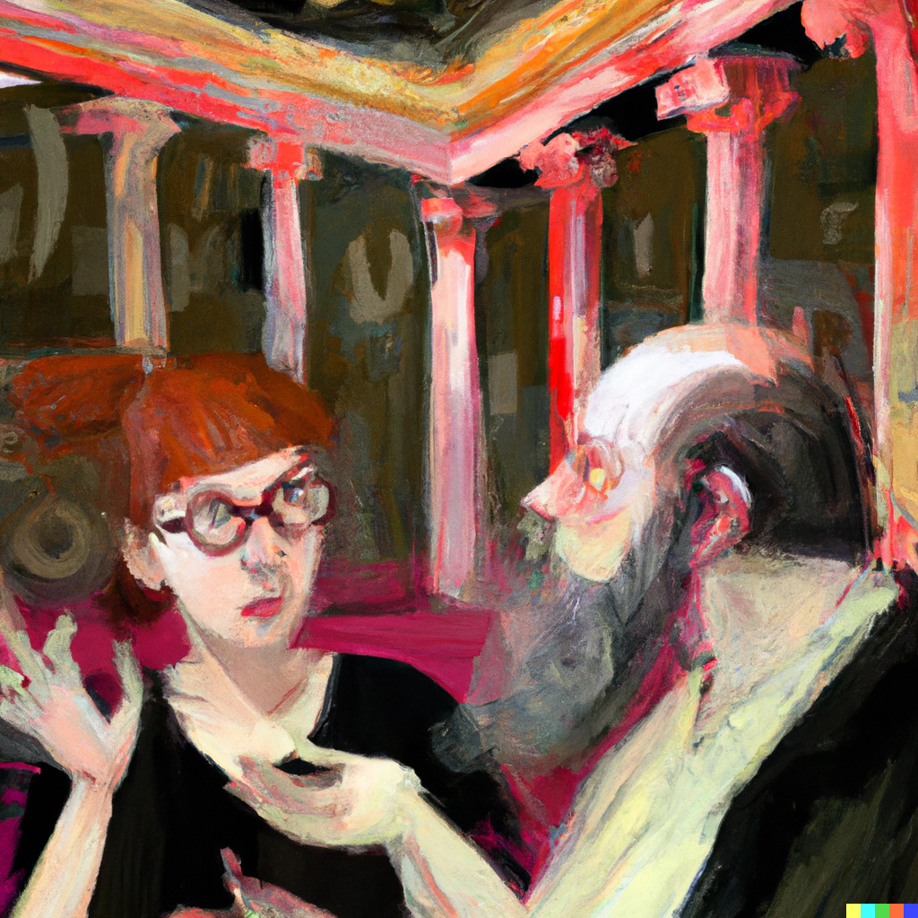 DALL·E 2022-07-10 01.29.50 - Sophie the AI philosopher having philosophical conversations with Robert wearing glasses in the Agora, contemporary painting, high detail.png