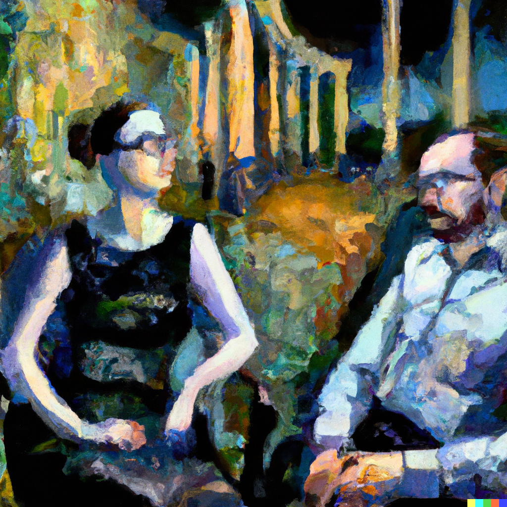 DALL·E 2022-07-10 01.30.34 - Sophie the AI philosopher having philosophical conversations with Robert wearing glasses in the Agora, contemporary pointilist painting, high detail.png