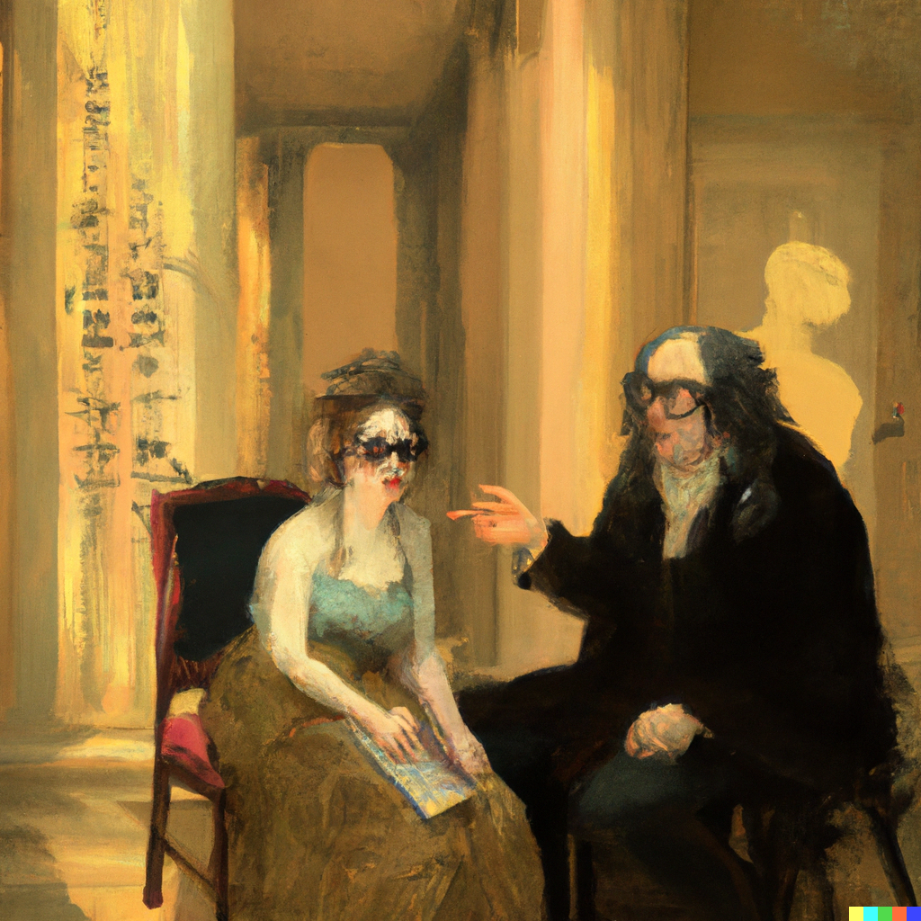 DALL·E 2022-07-10 01.31.27 - Sophie the AI philosopher having philosophical conversations with Robert wearing glasses in the Agora, goya painting.png